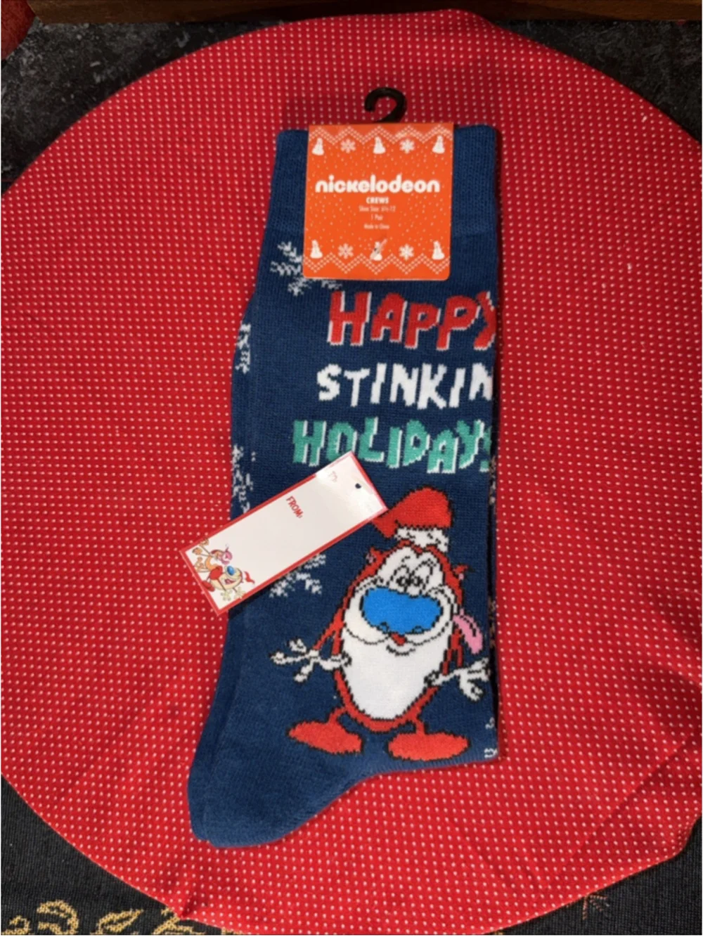 'Happy Stinkin Holiday' Christmas Ren & Stimpy Nickelodeon Crew Socks - One Pair